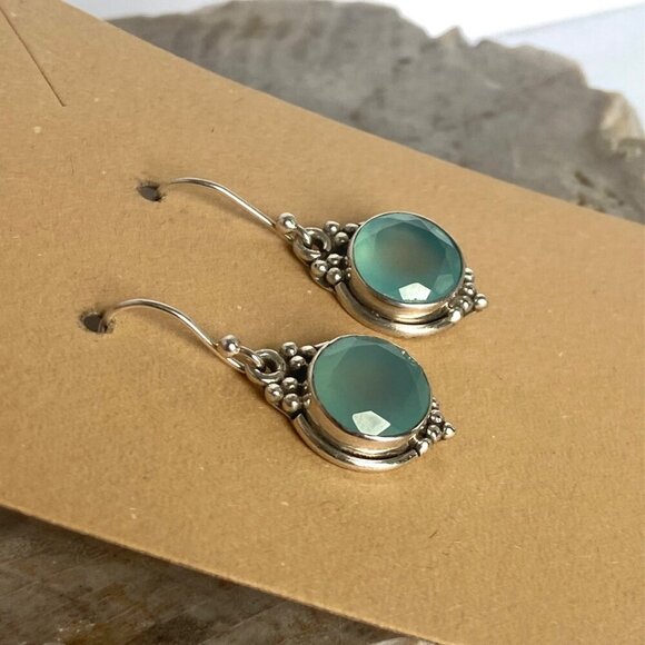 Sterling Silver 925 YS India Round Faceted Chalcedony Quartz Dangle Earrings - Picture 3 of 16